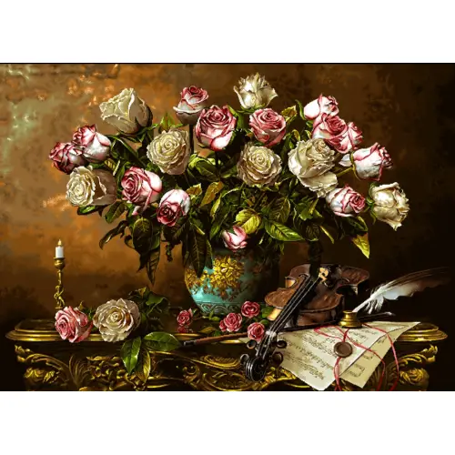 نخ و نقشه تابلو فرش گل و گلدان طرح گلدان و ویولون1228