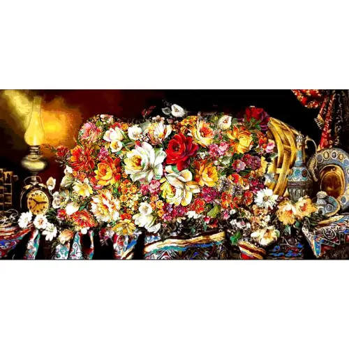نخ و نقشه تابلو فرش گل و گلدان طرح سبد گل ریخته روی میز 1232